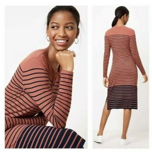 Loft Striped Henley Midi Dress Stripes Stretch XL